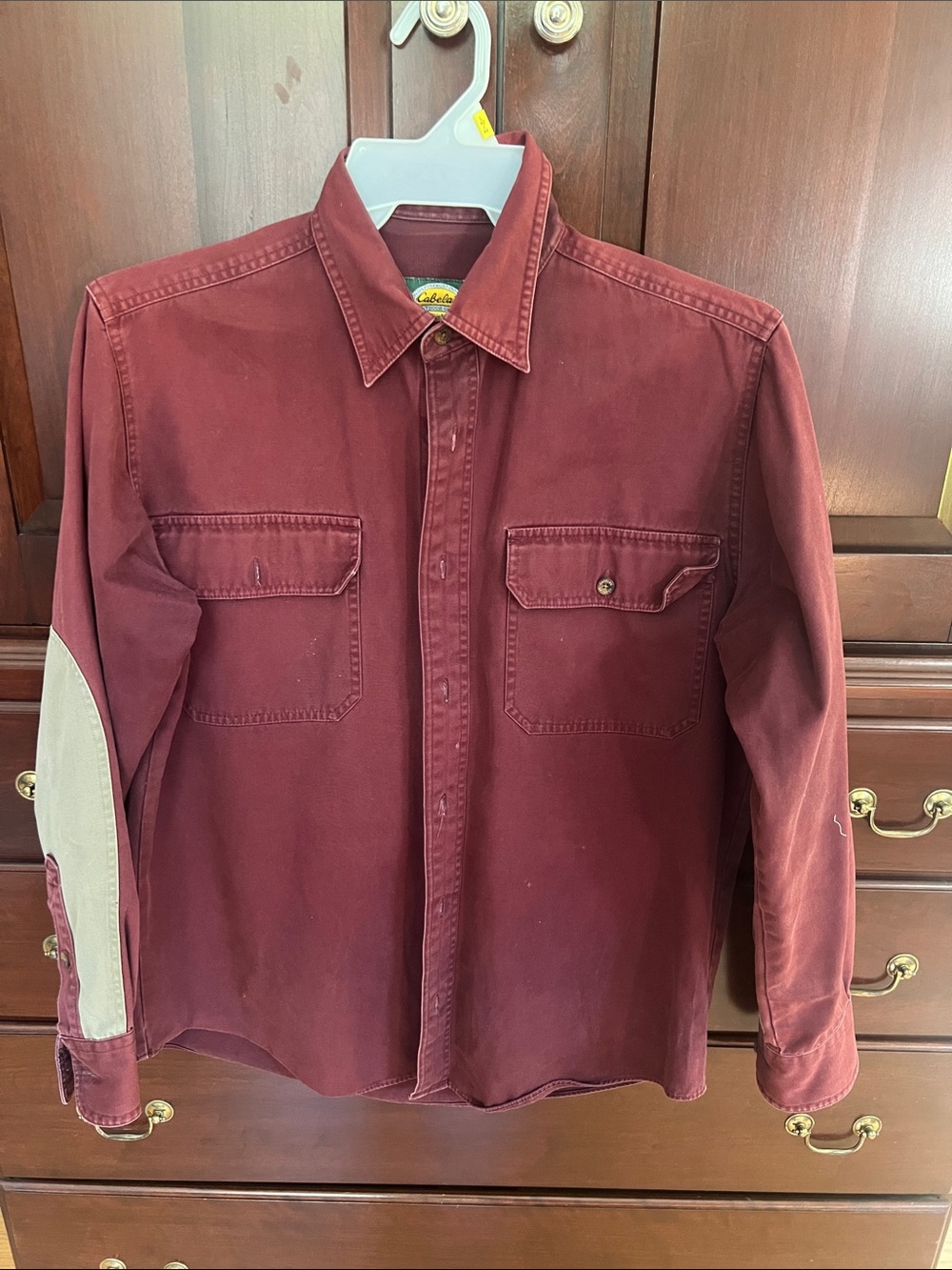 Cabela's Men's Button-Down Shirt in Burgundy with Elbow Patch